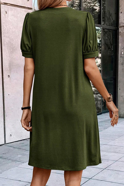 Kaitlyn Notched Neck Pleated Puff Sleeve Shift T-Shirt Dress